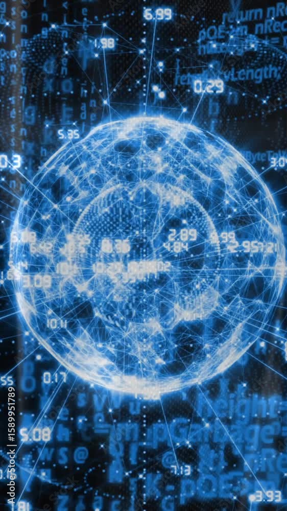 Poster animation of digital globe with data and binary code, showing global connectivity