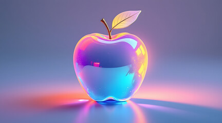 Holographic apple with shimmering prism like surface reflecting vibrant pink, blue, and yellow light on smooth gradient background