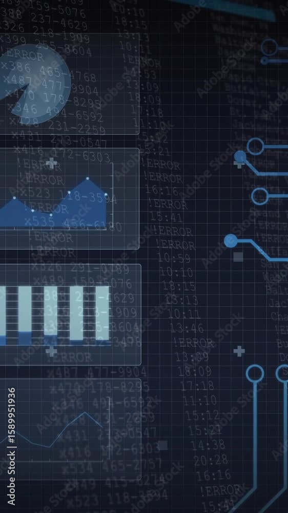 Poster Animation of digital interface showing data charts and circuits on dark background