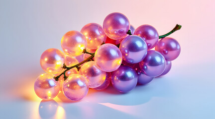 Fototapeta premium Glowing bunch of holographic grapes with purple and pink spheres illuminated by warm light on smooth surface creating vibrant and futuristic look