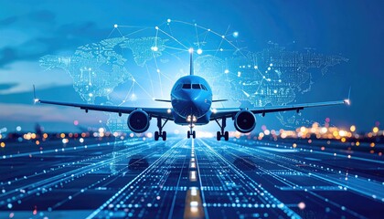 Airplane on runway with digital world map overlay