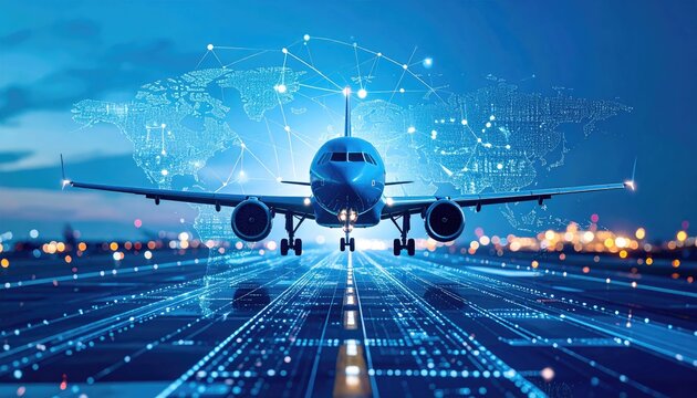 Airplane on runway with digital world map overlay