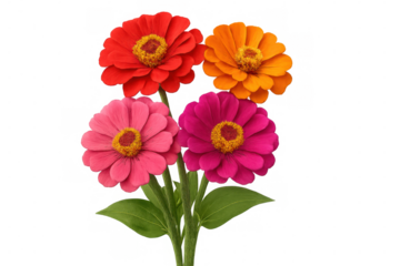 Zinnia elegans blossoming in vivid red, pink, orange, and yellow hues, arranged together against translucent white backdrop