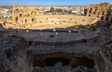 A view of the ruins of the El Djem (Jem) Roman amphitheatre in Mahdia, Tunisia