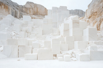 Monochromatic quarry landscape: white marble blocks stacked against a backdrop of rocky mountains. Minimalist and serene.
