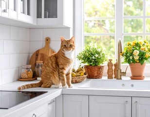 Cozy kitchen with ginger cat
