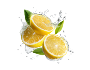 Set of fresh delicious lemons splashing with leaves, cut out png On Transparent background.