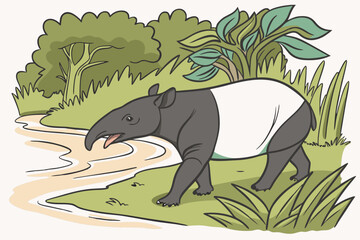 Tapir animal illustration with trunk-like snout, native to Central and South America.