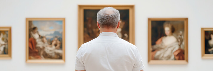 Art Enthusiast at Museum: Back view of a man enjoying classical paintings in a bright, modern art gallery. Cultural enrichment and quiet contemplation.