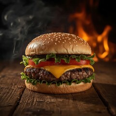 Close-Up of Homemade Beef Burger with Grilled Patty, Cheese, Lettuce, and Tomato on Wooden Table &ndash; Smoky BBQ Background with Fire and Smoke