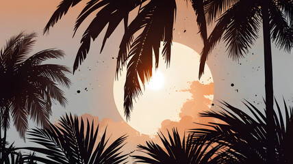Palm Tree Sunset Silhouette with Tropical Sky and Full Moon