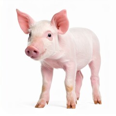 Young pink piglet standing side view on seamless white background
