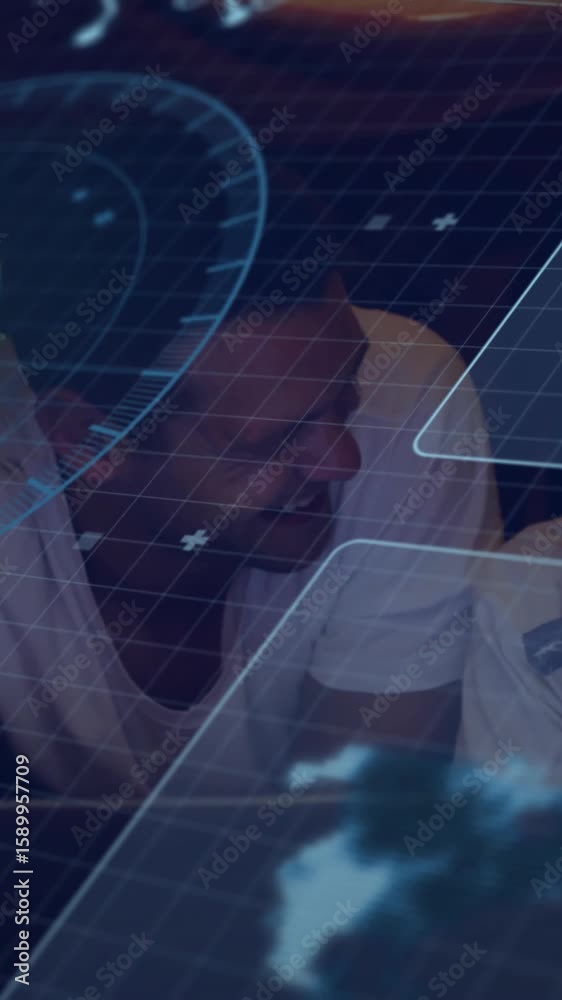 Poster interacting with technology, people using digital interface with animation in school