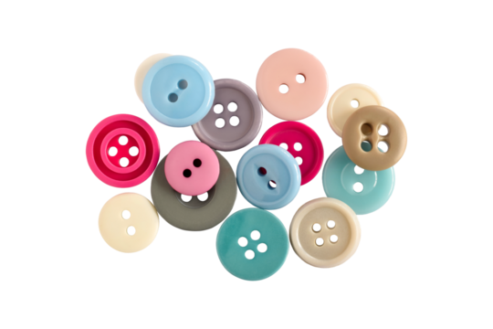 Group of pastel color sewing buttons isolated cutout on transparent