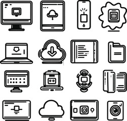 16 line art icons in black and white representing technology and digital devices?like computer, mobile, tablet, cloud, settings, CPU, folder, camera, and server 1.eps