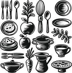 16 black and white food and kitchen line icons, including knife, fork, plate, spoon, cooking pot, carrot, bread, apple, pizza, and teacup. Icons should be hand-drawn with organic shapes, slightly3.eps