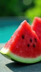 Crimson watermelon slice, glistening juice, vibrant summer backdrop, picnic, healthy, macro