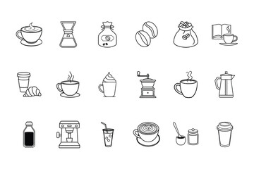 Collection line art icons for coffee breakfast items latte cappuccino
