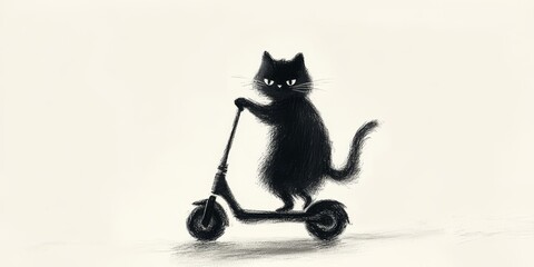 A playful black cat balances on a scooter, showcasing its adventurous spirit in a charming black and white illustration