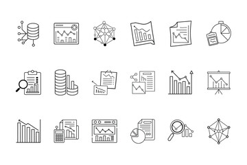 Collection line icons representing data analysis statistics chart graph