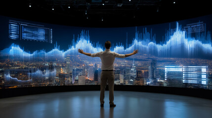 Business Leader at Interactive Touchscreen Wall with Data Visualizations