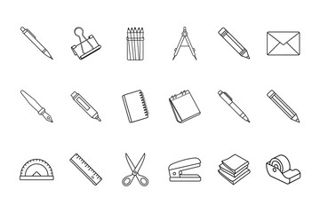 Collection outline stationery icons on pencil paper
