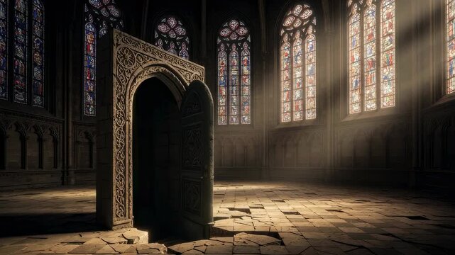 Ornate door emerges and opens in crumbling church setting with stained glass windows at different times of day.