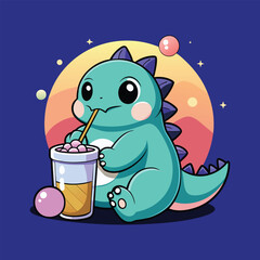 Adorable Baby Dinosaur Drinking Bubble Tea at Sunset Vector