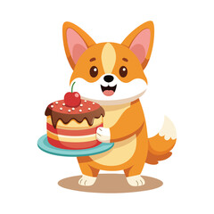 Adorable Corgi Dog Holding Birthday Cake Vector
