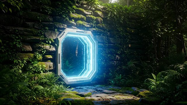 Sci-fi octagonal portal with blue light inside a mossy stone wall in a lush jungle forest footage.