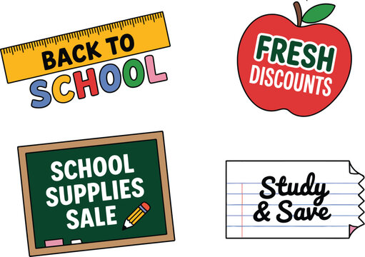 Back to school sale stickers with supplies and fresh discounts promotion for education season event