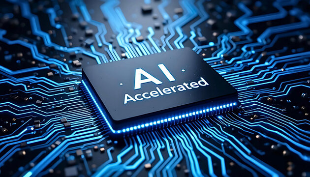 AI Accelerated Microchip on Blue Glowing Circuit Board - High Tech AI