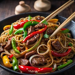 Chow mein  noodles  chicken and vegetables dish