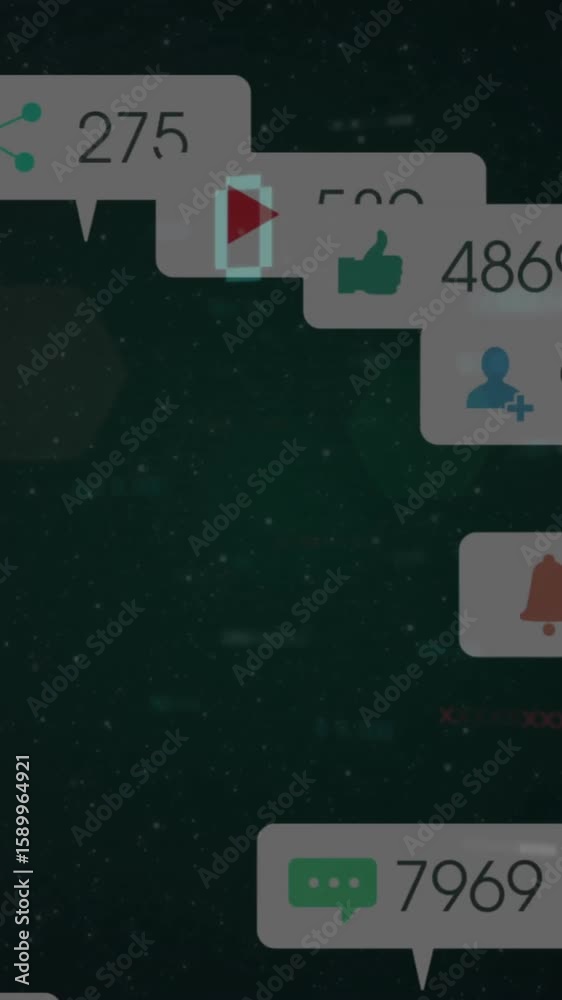 Poster floating over digital binary code, notification icons and numbers in animation style
