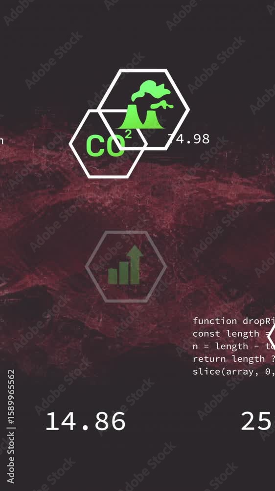 Poster animation of environmental icons with code snippets on red digital school background