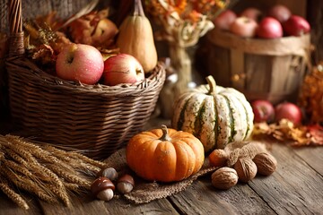 A rustic autumn still life featuring apples in a basket, pumpkins, gourds, walnuts, and wheat on a wooden table.