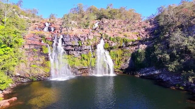 Brazilian people have fun in big waterfall on July, 2025 Teresina de Goias, Brazil.