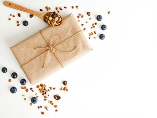 Rustic package with a wooden spoon of granola and blueberries for a healthy present or snack on a white surface