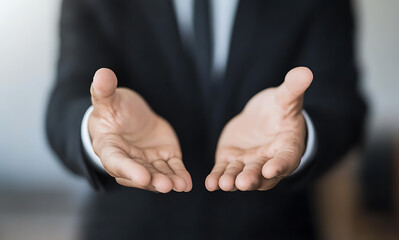Fototapeta premium Open hands offer or request. An outstretched gesture symbolizes generosity, vulnerability, or expectation. A person in a suit with hands extended in presentation.