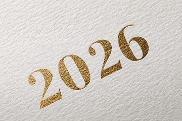 A close-up of the year 2026 in golden numbers on a textured white paper background, symbolizing a bright future.
