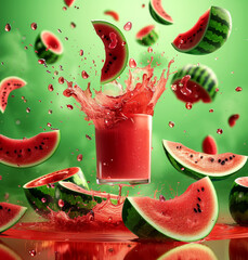Juicy watermelon slices surround a glass filled with refreshing watermelon juice as it splashes, evoking a sense of summer freshness
