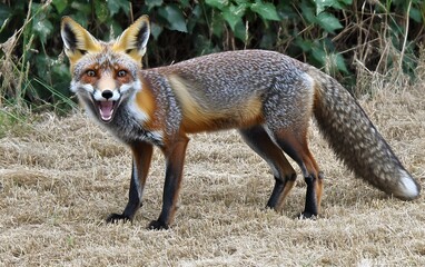 Fototapeta premium Alert Red Fox in Dry Grassland Open Mouth