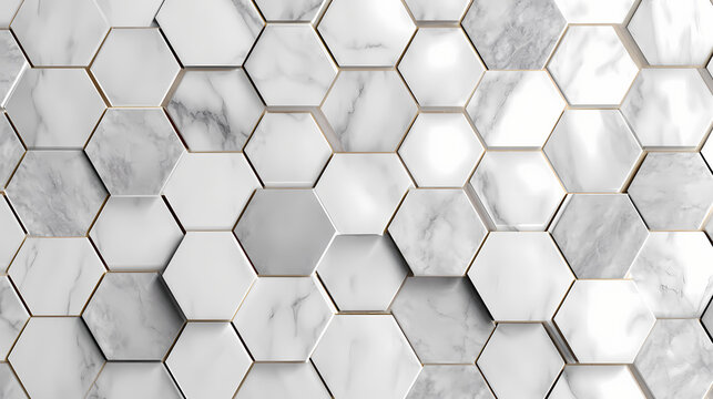 Geometric arabescato marble tiles in a hexagonal grid layout, featuring mirrored veining for a sophisticated modular design. modular grid. Illustration