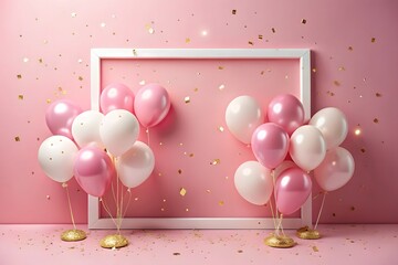 Pink and White Balloons with Gold Confetti on Pink Background