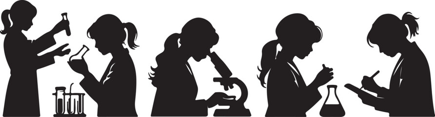 Scientists performing experiments with glassware and microscope science laboratory