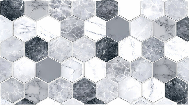 Geometric arabescato marble tiles in a hexagonal grid layout, featuring mirrored veining for a sophisticated modular design. modular grid. Illustration