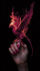 Fiery Phoenix Perched on Hand