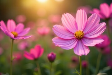 Obraz premium Delicate cosmos blossoms in vibrant garden setting , pink, pretty, wallpaper