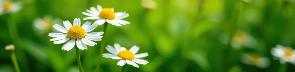 Fototapeta premium Delicate chamomile blossoms, vibrant yellow petals against lush green foliage , chamomile, white, botany