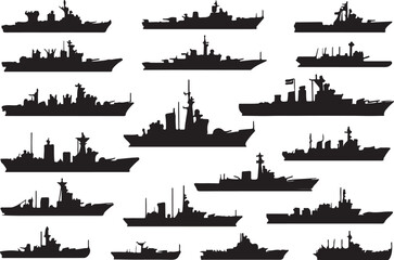 Obraz premium Diverse naval vessels silhouette collection warship battleship